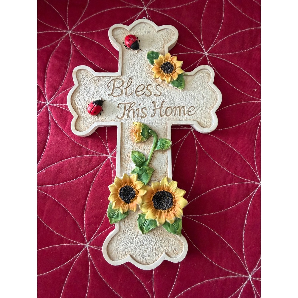 Bless This Home Wall Cross Sunflower Ladybug Resin Religious Decor 8 Inch